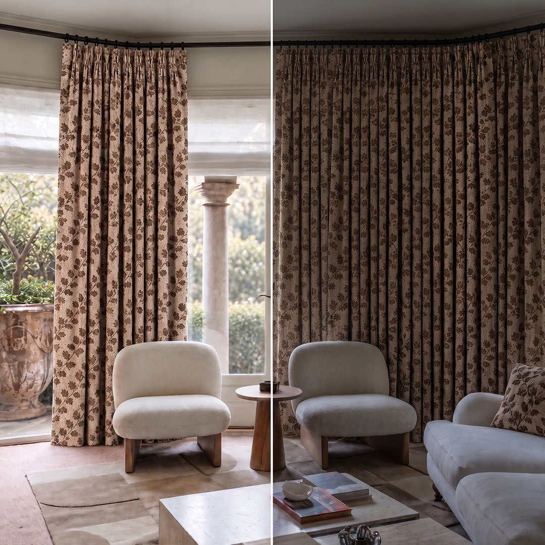 hugmoom Linen Jacquard Curtains, Geometric Diamond Weave Textured Drapes, Side-by-Side View of Pleated Curtain Panels