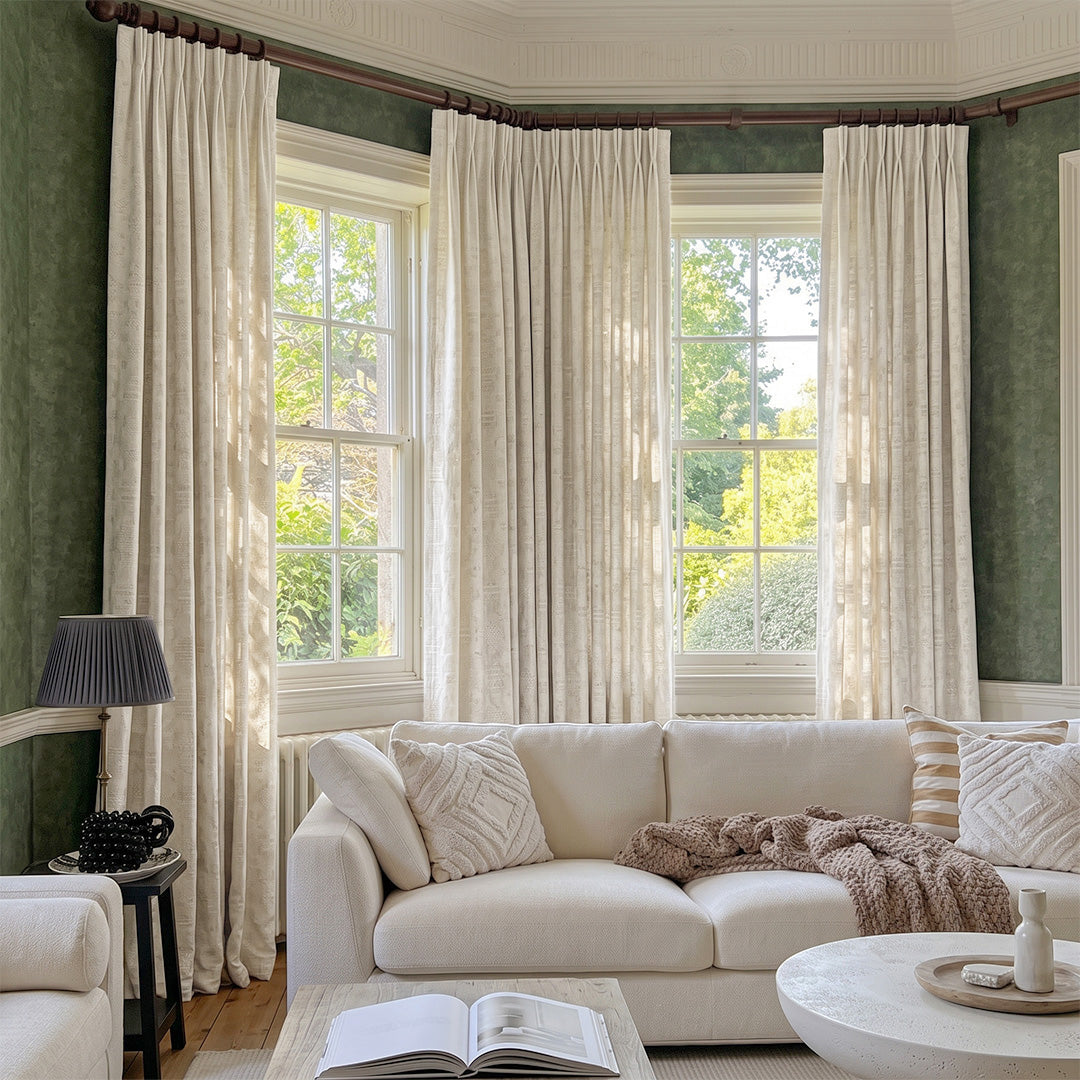 hugmoom Luxury Geometric Linen Jacquard Drapes, custom diamond weave textured curtains in traditional green wall living room