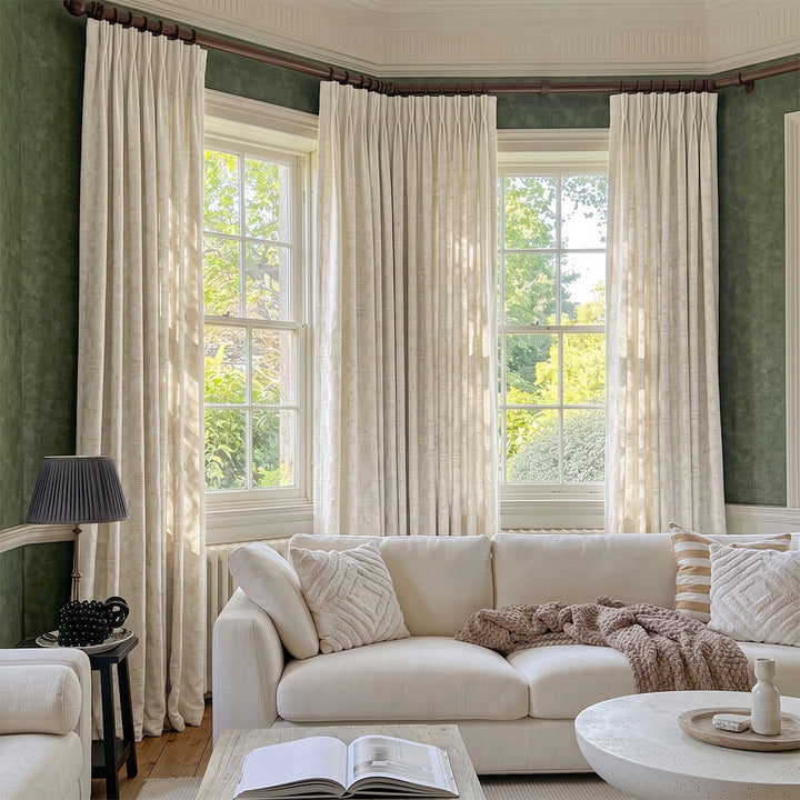 hugmoom Luxury Geometric Linen Jacquard Drapes, custom diamond weave textured curtains in traditional green wall living room