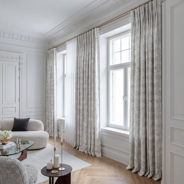 hugmoom Luxury Linen Jacquard Curtains, geometric textured diamond weave custom drapes for bright classic European living room