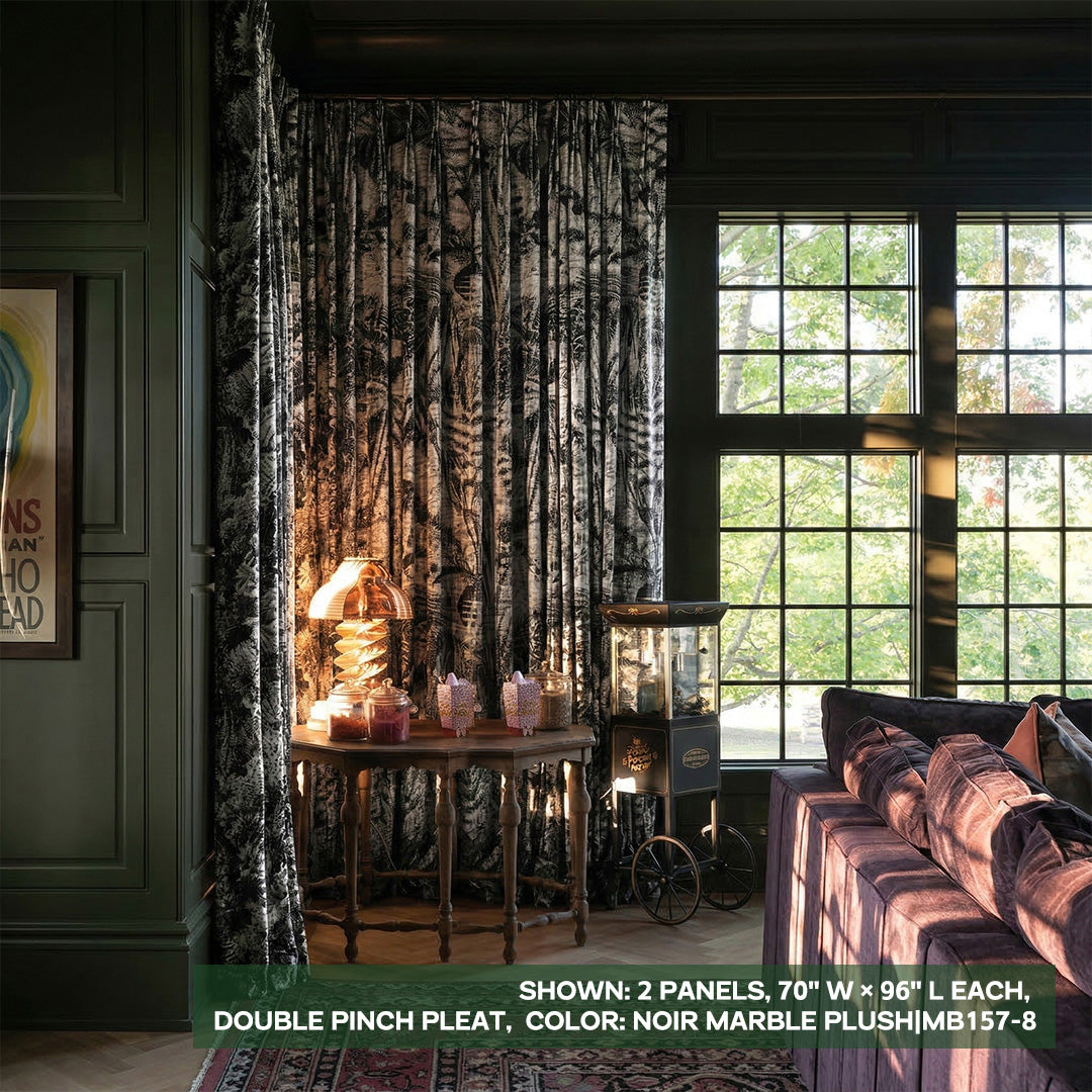 hugmoom Luxury Printed Custom Pleated Drapes with Plush Texture, pinch pleat unlined botanical curtains styled in dark green paneled living room