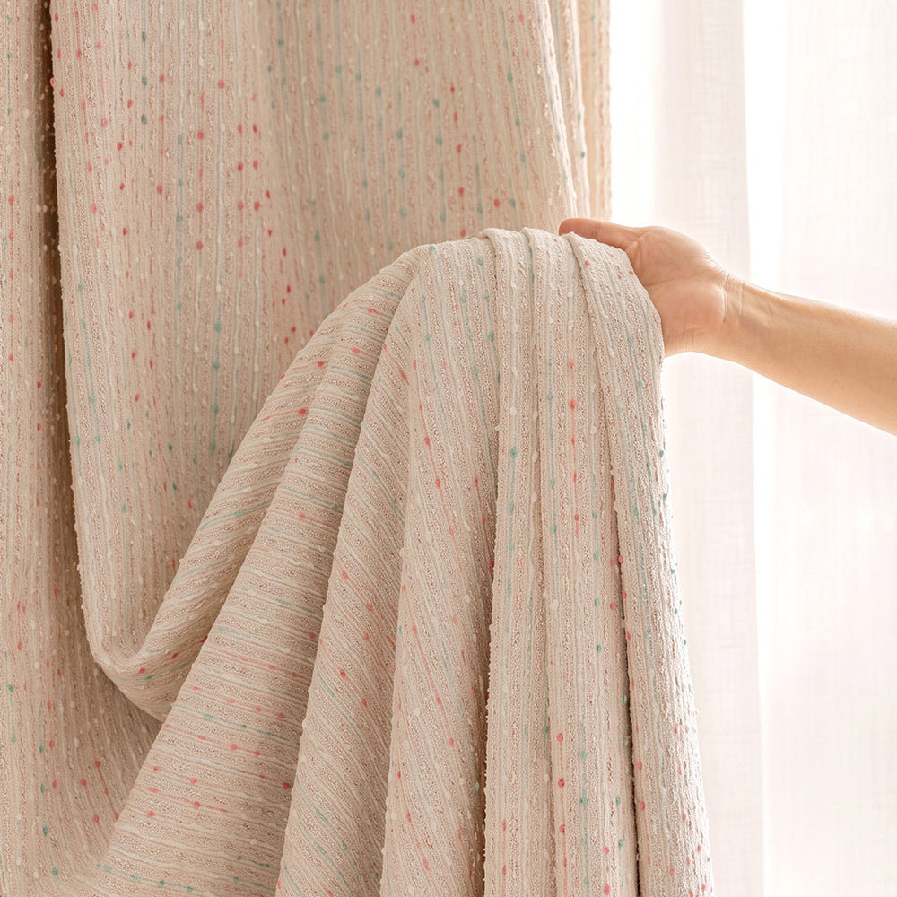 hugmoom Natural Linen Curtains, soft rainbow kids haven design, textured dotted linen fabric close‑up, premium custom window drapes for children room