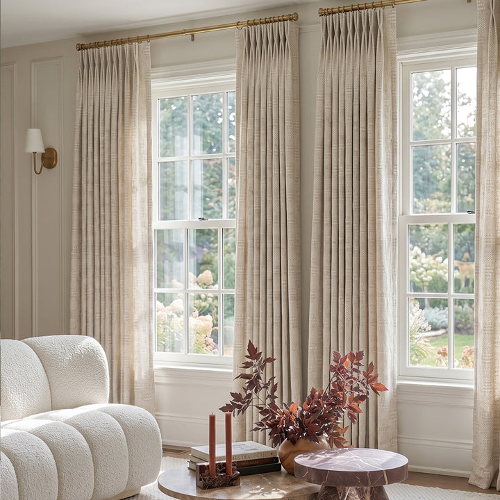 hugmoom Premium Geometric Linen Jacquard Drapes, custom textured diamond weave curtains for elegant estate living room