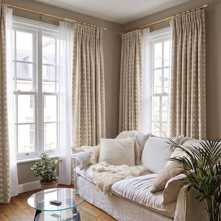 hugmoom beige plaid jacquard custom curtains, luxury wrinkle resistant drapes for usa uk modern living room