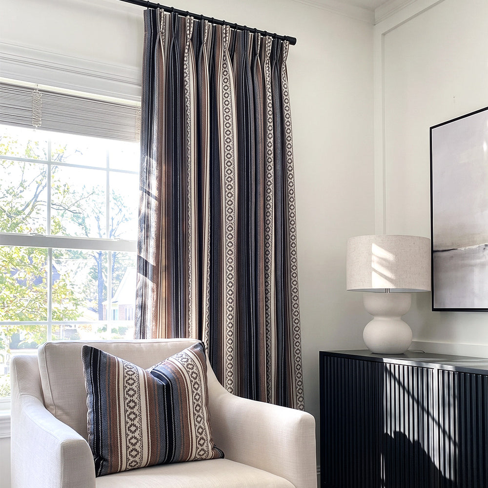 hugmoom bespoke boho striped curtains, english country woven drapes, dark tone custom window treatments for upscale residential space
