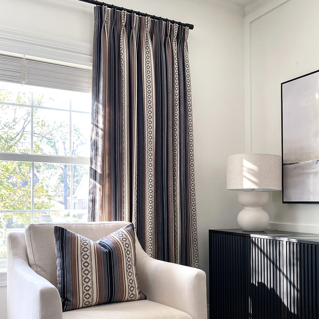 hugmoom bespoke boho striped curtains, english country woven drapes, dark tone custom window treatments for upscale residential space