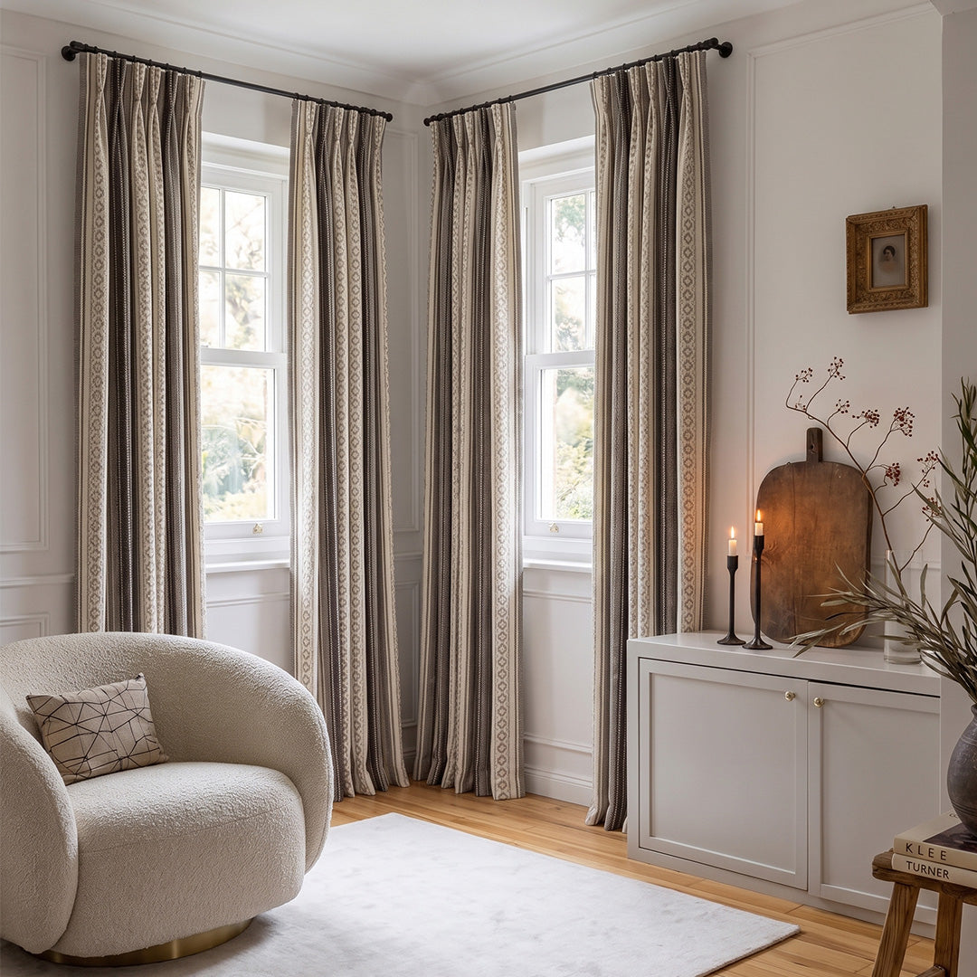 hugmoom bespoke english country boho striped curtains, custom woven drapes for upscale formal living room estate home decor