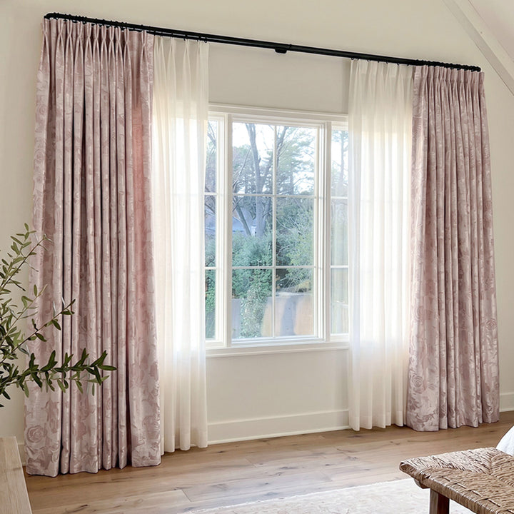 hugmoom blush pink custom jacquard curtains, french‑country woven drapes for uk luxury farmhouse bedroom windows