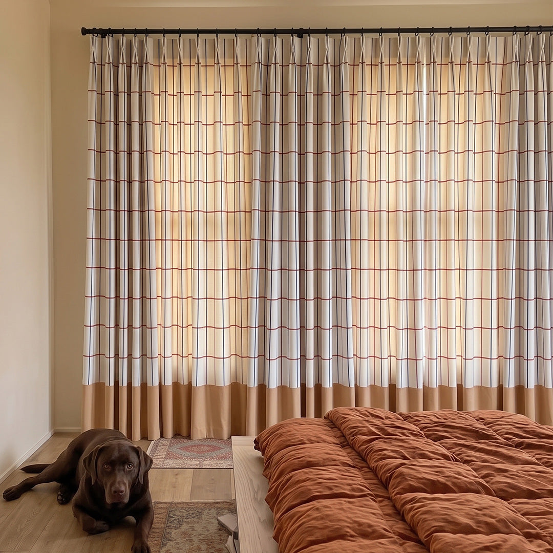 hugmoom color block curtains, custom two tone contrast wrinkle resistant drapes, plaid two‑tone window treatment in luxury bedroom for usa canada high‑end estate homes