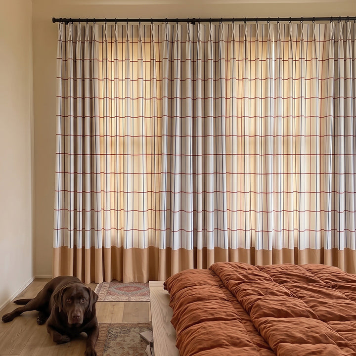 hugmoom color block curtains, custom two tone contrast wrinkle resistant drapes, plaid two‑tone window treatment in luxury bedroom for usa canada high‑end estate homes
