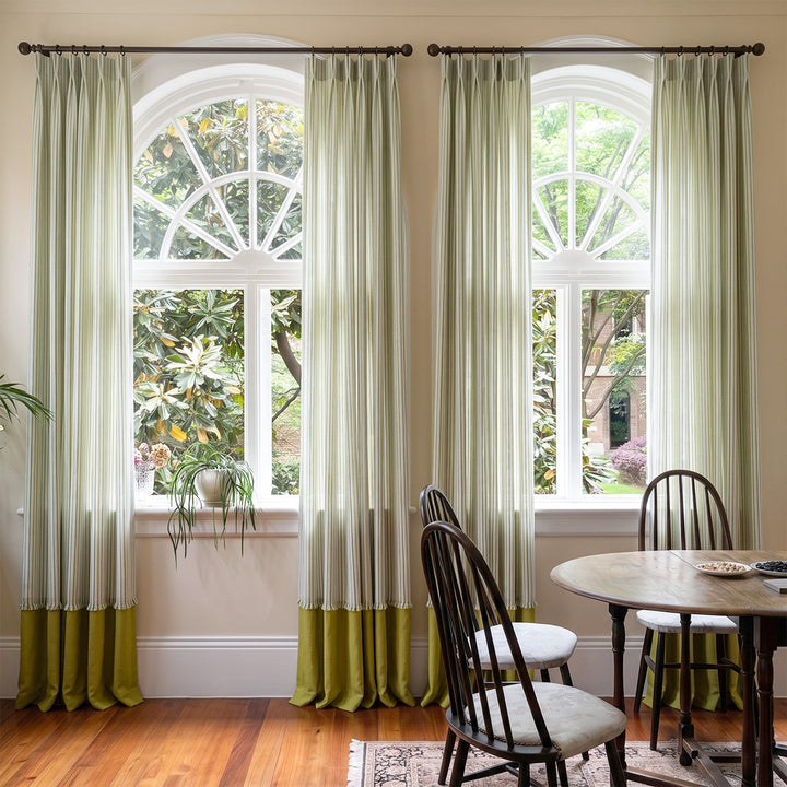 hugmoom color block curtains, custom two tone contrast wrinkle resistant drapes full view in elegant dining room, premium bespoke window treatments for north american estates