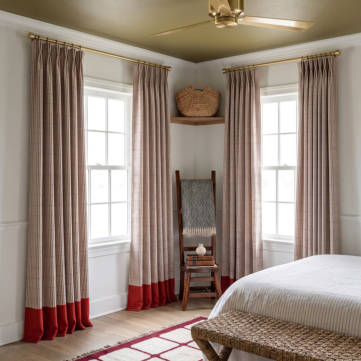 hugmoom color block curtains, custom two tone contrast wrinkle resistant drapes grid pattern in upscale usa master bedroom, bespoke two‑tone window treatment
