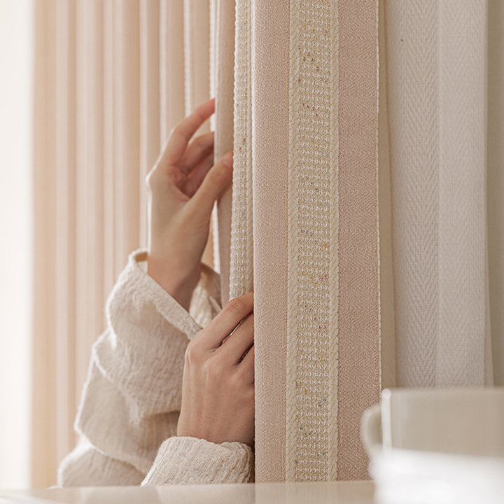 hugmoom cozy neutral beige striped hygge curtains fabric close‑up, premium woven texture, custom made luxury window drapes for usa canada nursery estate