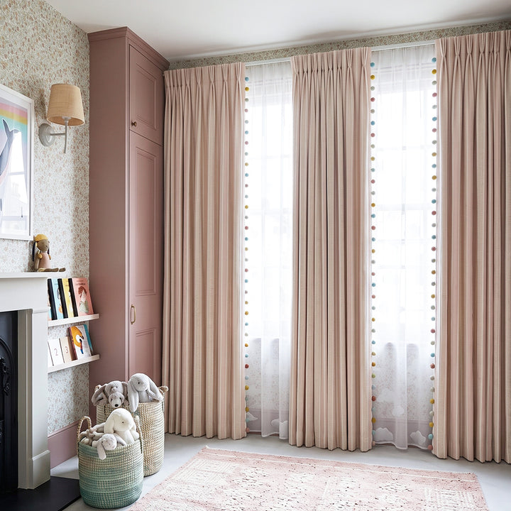 hugmoom cozy neutral blush striped hygge curtains paired with sheer curtain, styled luxury estate nursery room, bespoke custom window drapes for north american high‑end residences