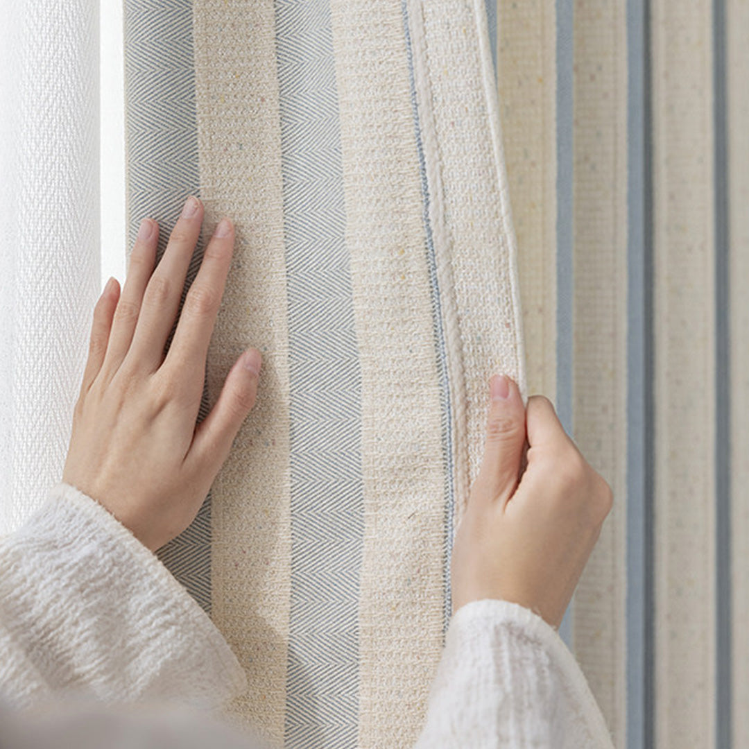 hugmoom cozy neutral striped hygge curtains, detailed woven fabric close‑up, premium custom drapes for usa canada nursery and estate home decor