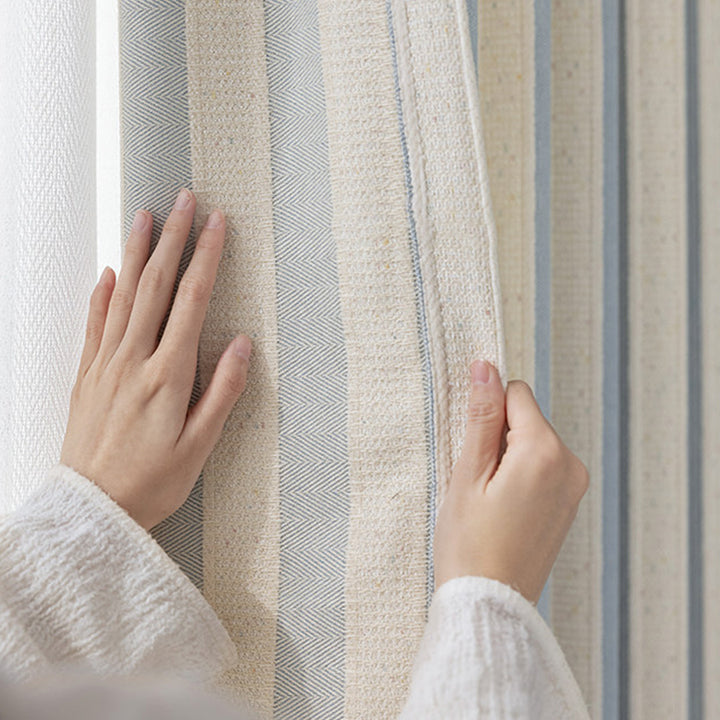 hugmoom cozy neutral striped hygge curtains, detailed woven fabric close‑up, premium custom drapes for usa canada nursery and estate home decor
