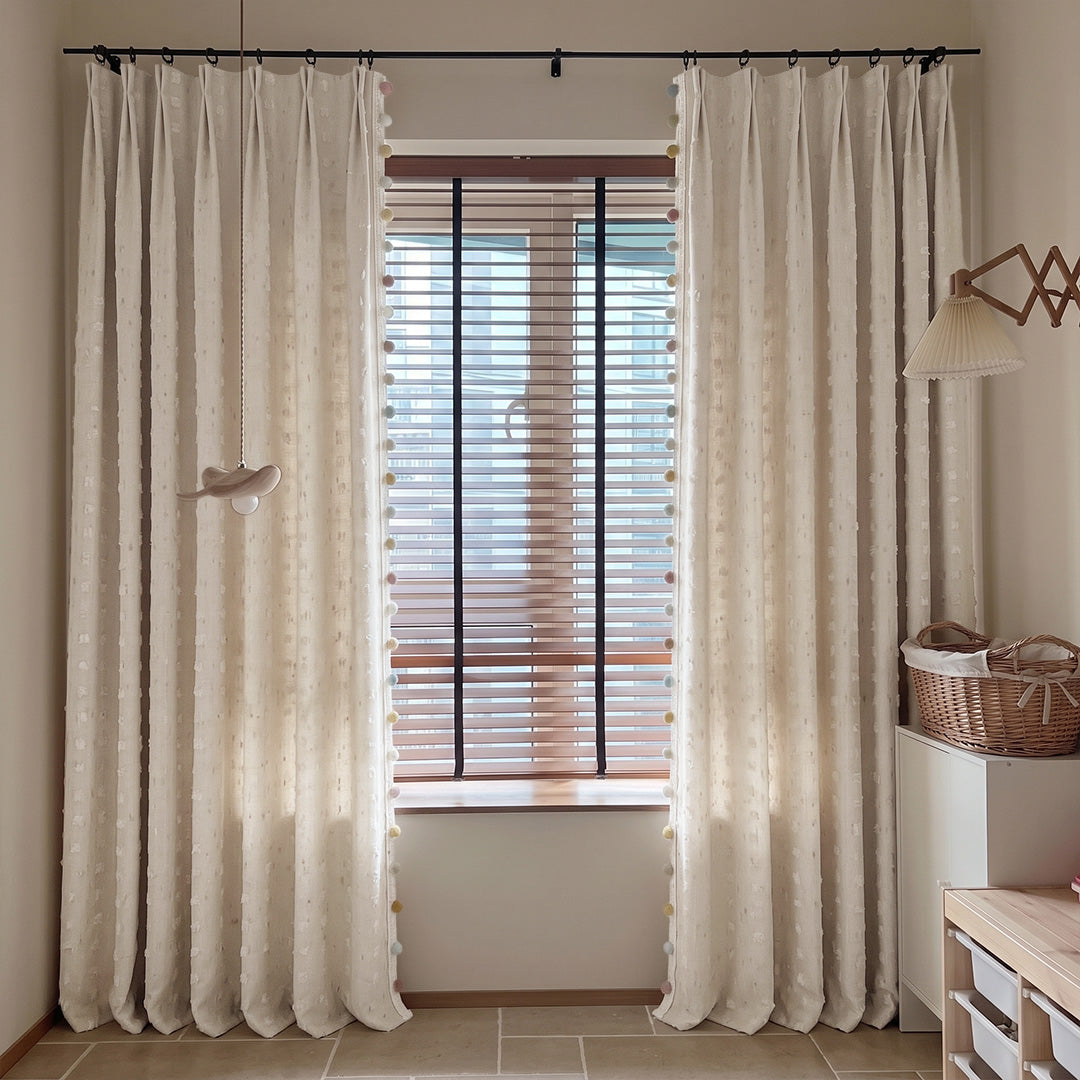 hugmoom cream plaid jacquard custom curtains, wrinkle‑resistant luxury pastel drapes with pom pom trim for kids room