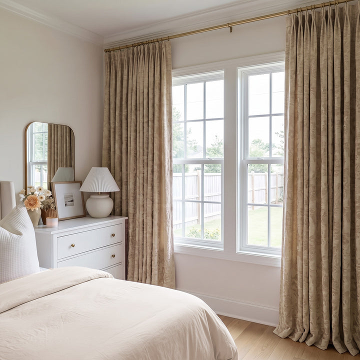 hugmoom custom beige jacquard curtains, french country pleated drapes for uk upscale estate primary bedroom renovation