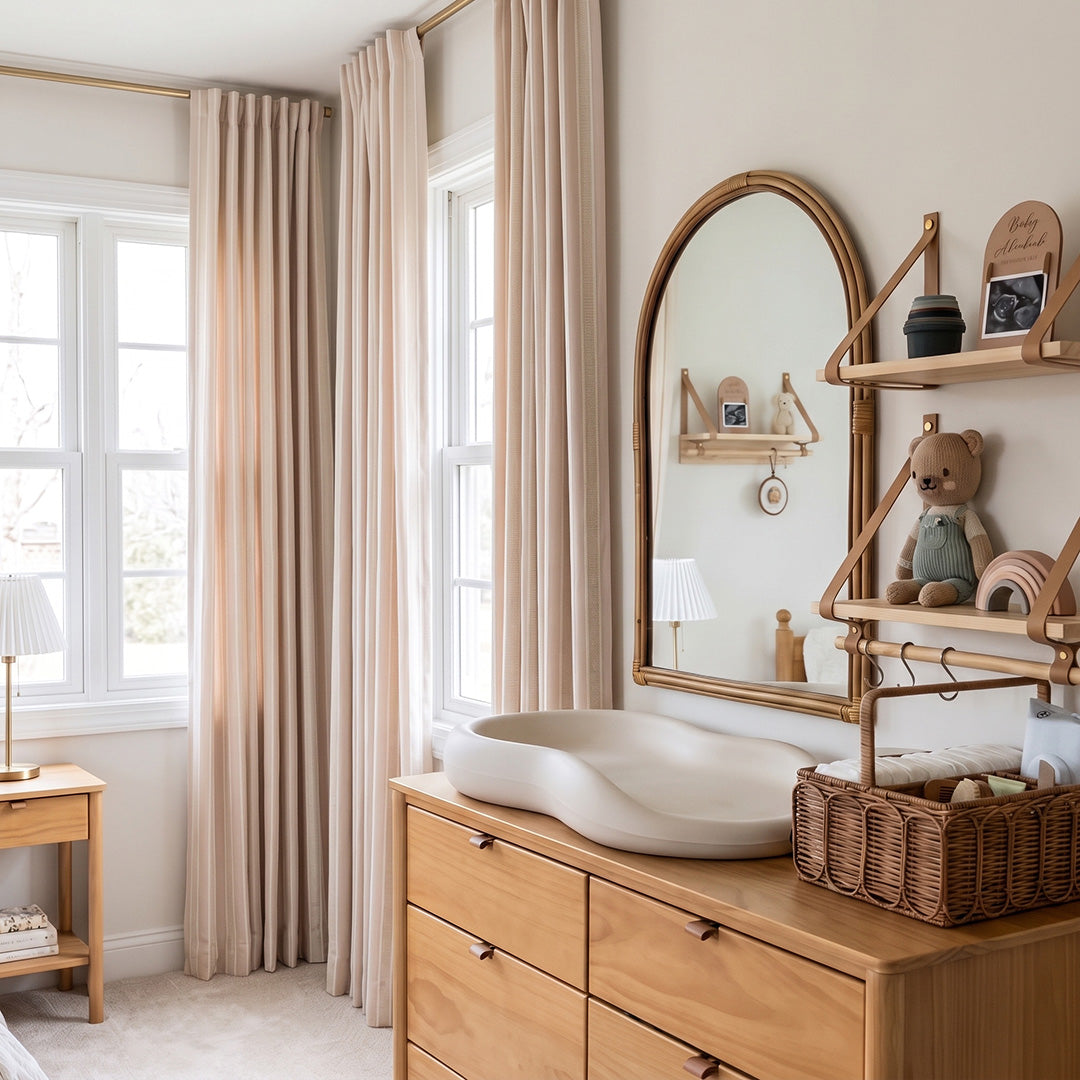 hugmoom custom beige striped hygge curtains full window shot, warm neutral drapes inside elegant luxury estate nursery room, high‑end custom window treatments