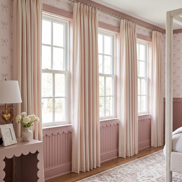 hugmoom custom blush beige striped hygge curtains, luxury drapes in soft‑toned high‑end estate bedroom nursery, bespoke window treatments for usa canada homes