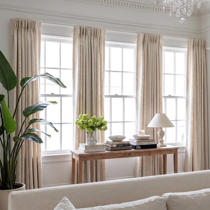 hugmoom custom boho striped curtains, english country woven drapes for high‑end estate living room, neutral beige bespoke window treatments