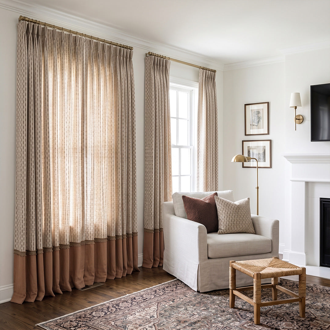 hugmoom custom color block curtains, two tone contrast wrinkle resistant drapes, stripe panel drapes styled in premium north american farmhouse living room