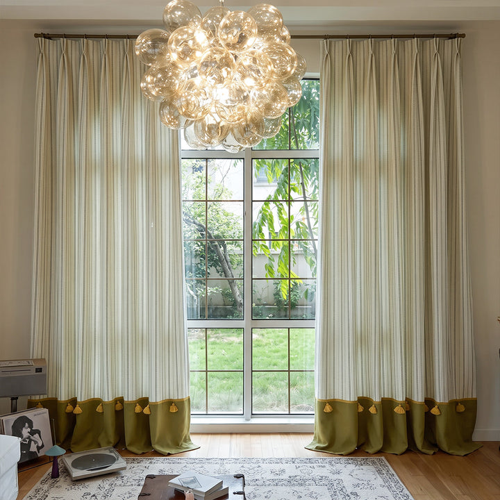 hugmoom custom color block curtains, two tone contrast wrinkle resistant drapes with tassel trim in modern luxury living room, high‑end window decor for usa upscale residences