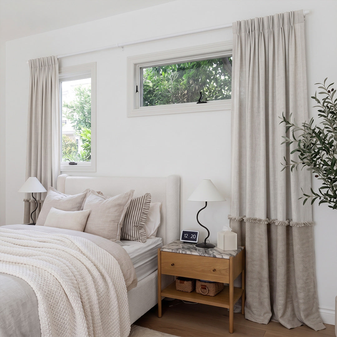hugmoom custom color block curtains, two tone contrast wrinkle resistant drapes with fringe hem in bright minimalist bedroom, premium bespoke drapes for canadian luxury homes