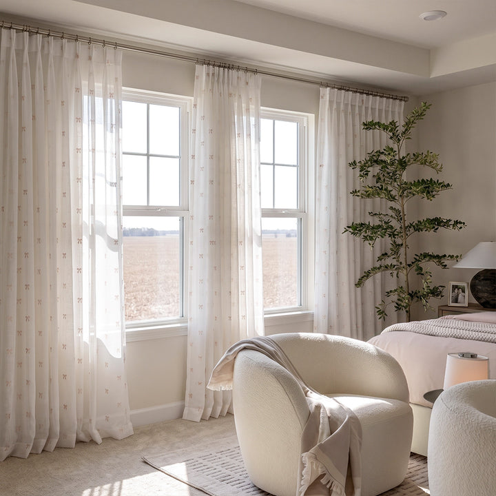 hugmoom custom embroidered sheer curtains, 3d bow motif lightweight drapes for usa high‑end master bedroom window treatment