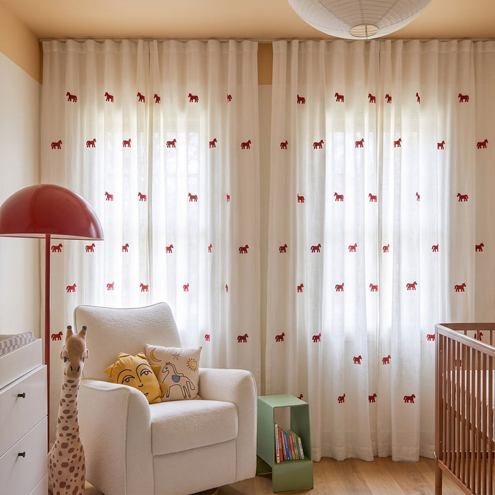hugmoom custom embroidered sheer curtains, red 3d horse animal motif sheer drapes for uk nursery baby bedroom interior