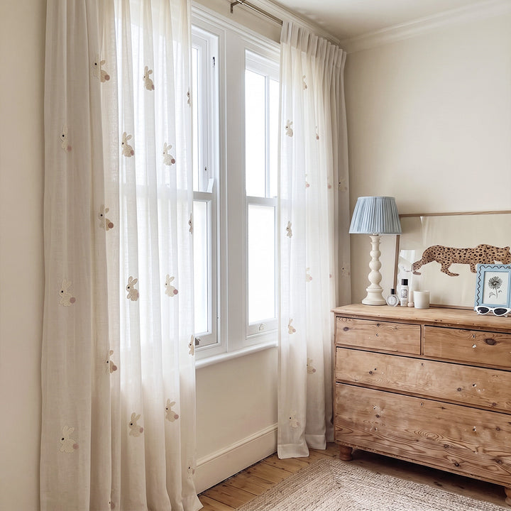 hugmoom custom embroidered sheer curtains, cute 3d rabbit animal motif sheer drapes for european luxury children bedroom
