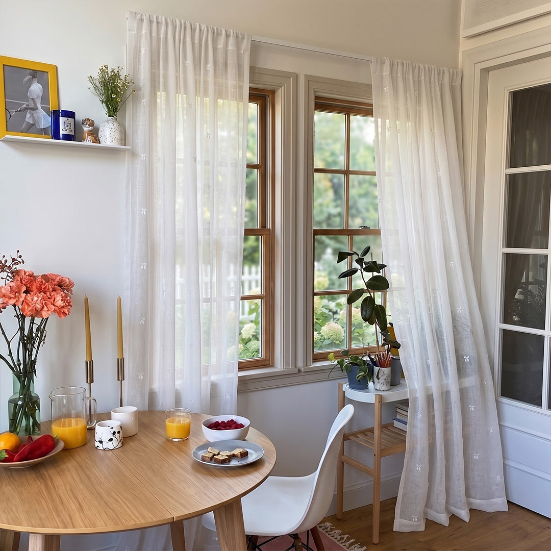 hugmoom custom embroidered sheer curtains, subtle 3d bow motif lightweight drapes for european high‑end kitchen dining space