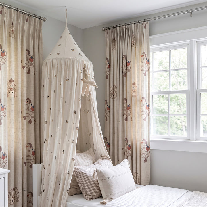 hugmoom custom illustrated motif printed linen nursery curtains, beige soft drapes styled in bright luxury kids room, premium window decor for canada high‑end residences