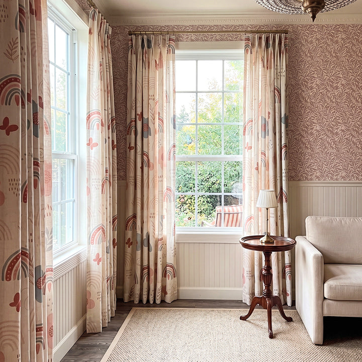 hugmoom custom illustrated motif printed linen nursery curtains, beige soft drapes in bright modern living room, bespoke window decor for north american luxury homes