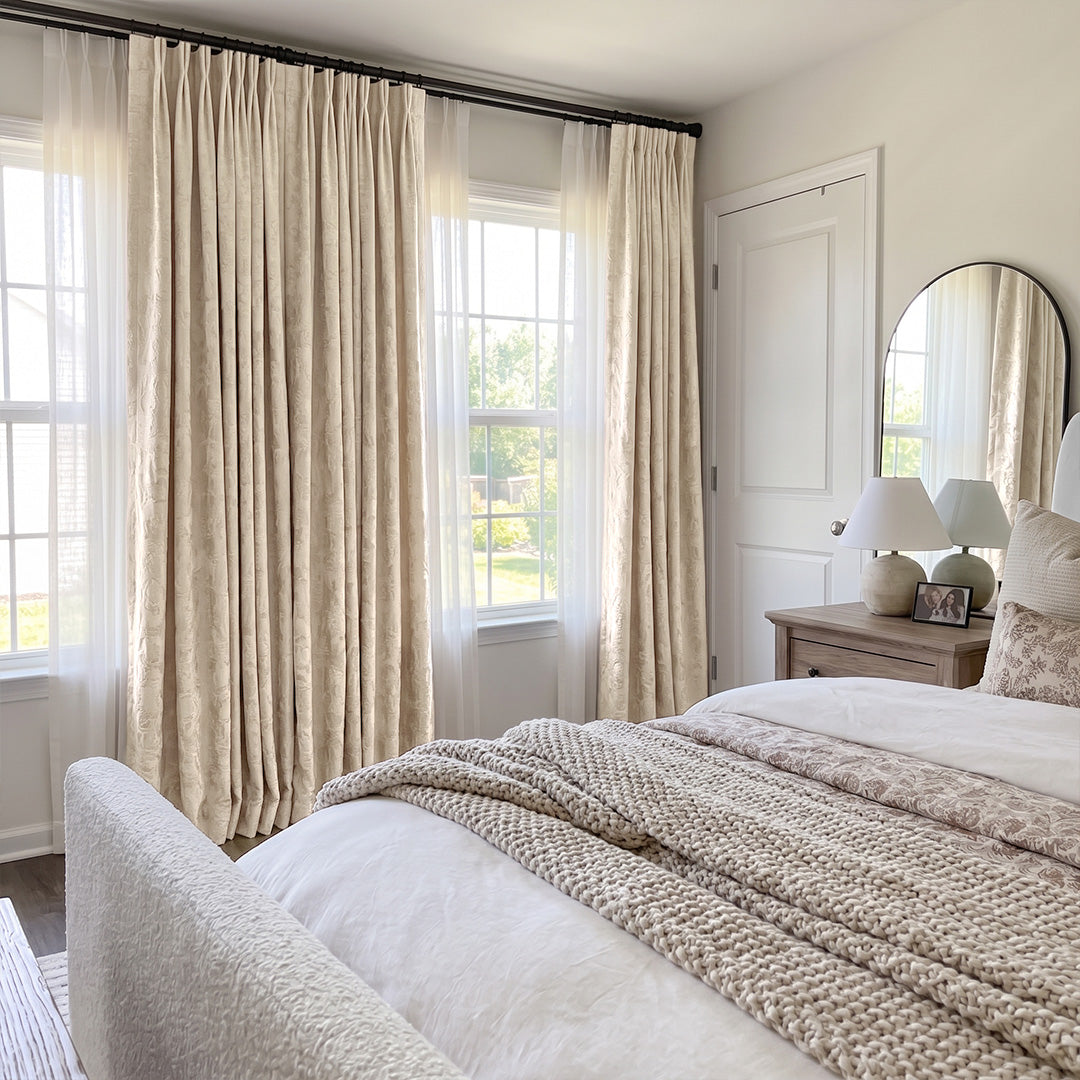 hugmoom custom jacquard curtains, french country beige textured drapes for usa high‑end estate master bedroom window treatment