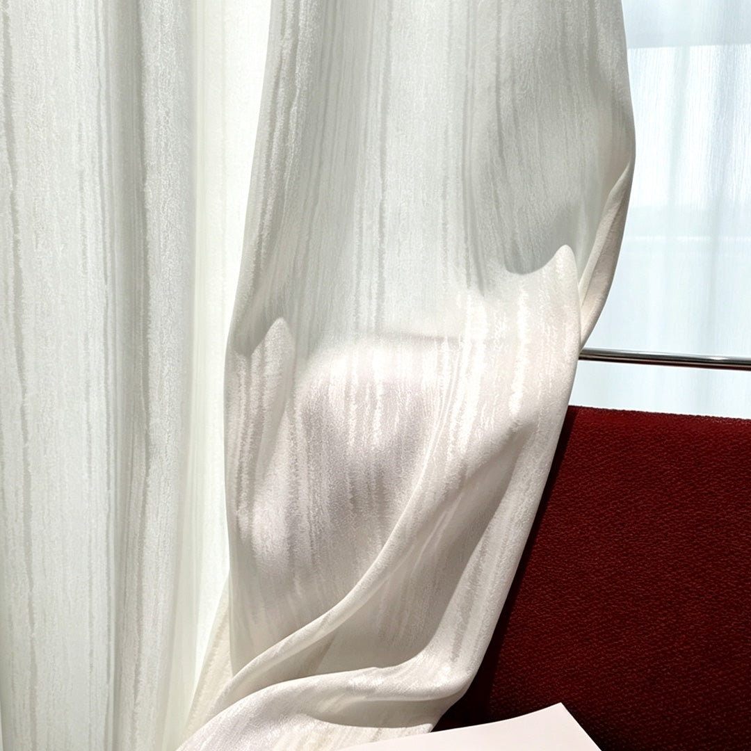 hugmoom custom moody curtains, textured sheer matte fabric close‑up, tone on tone subtle light filtering drapes for high‑end home decor