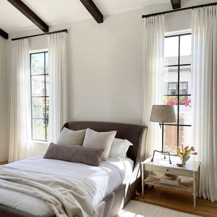 hugmoom custom moody sheer curtains, tone on tone textured light filtering drapes, high‑end modern primary bedroom interior