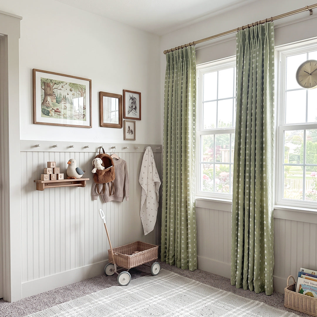 hugmoom custom pastel green raised jacquard plaid curtains, noise reducing drapes for modern farmhouse nursery