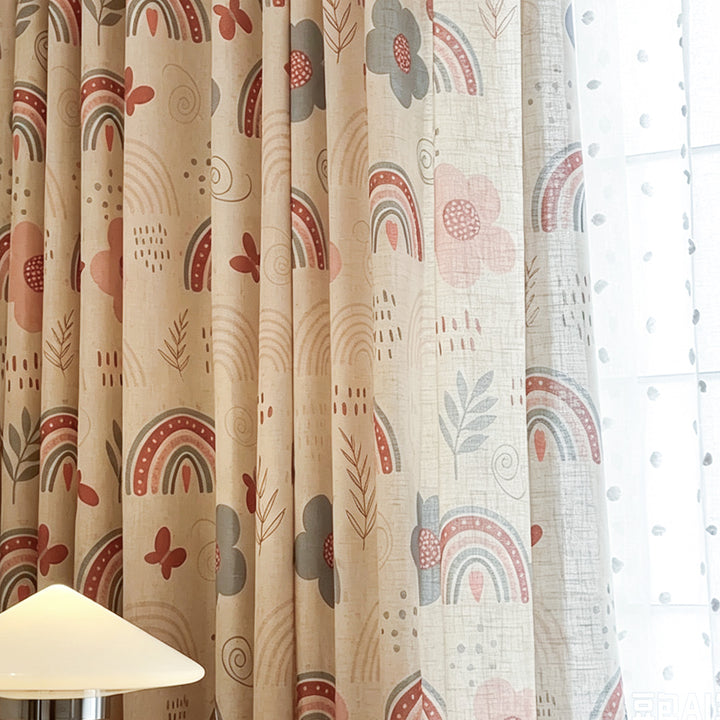hugmoom custom printed linen nursery curtains, beige illustrated motif soft drapes fabric detail, premium bespoke window decor for north american luxury homes
