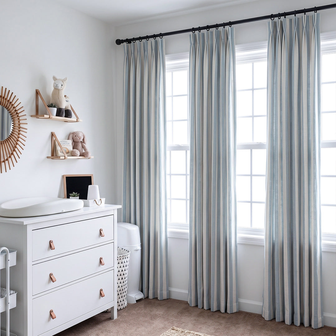 hugmoom custom striped hygge curtains full window view, blue neutral stripe drapes decorating bright luxury estate nursery room, high‑end custom window treatments