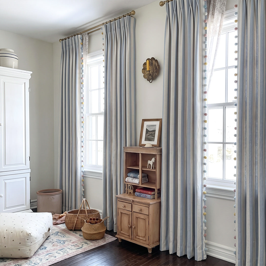 hugmoom custom striped hygge curtains in vintage estate bedroom, blue neutral stripe luxury drapes for high‑end north american nursery &amp; farmhouse interior