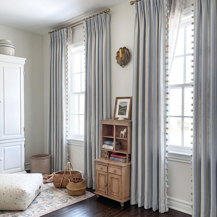hugmoom custom striped hygge curtains in vintage estate bedroom, blue neutral stripe luxury drapes for high‑end north american nursery &amp; farmhouse interior
