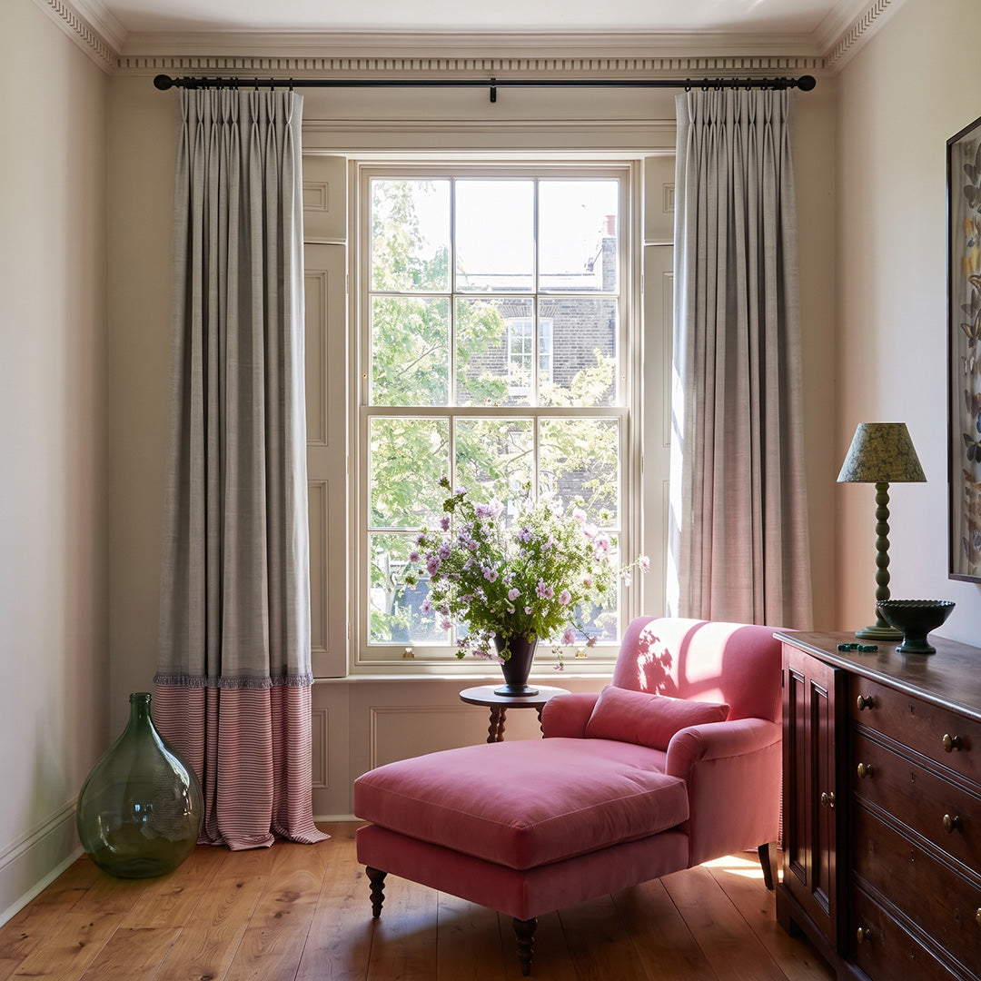 hugmoom custom two tone contrast color block curtains, wrinkle resistant drapes styled in vintage‑inspired luxury sitting room, premium window decor for north american high‑end homes