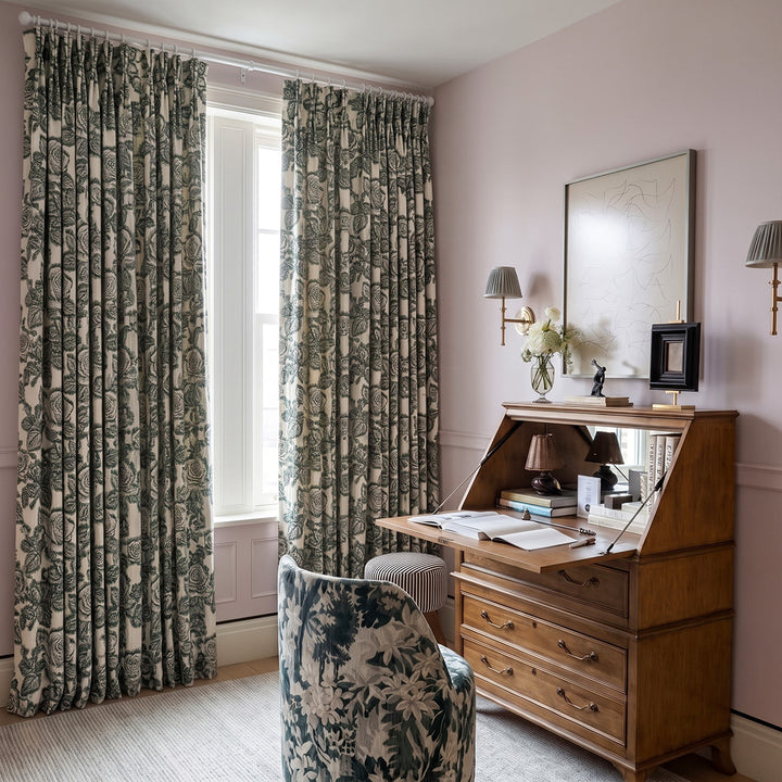 hugmoom green vintage floral block print custom curtains, matte textured botanical drapes for usa home office interior