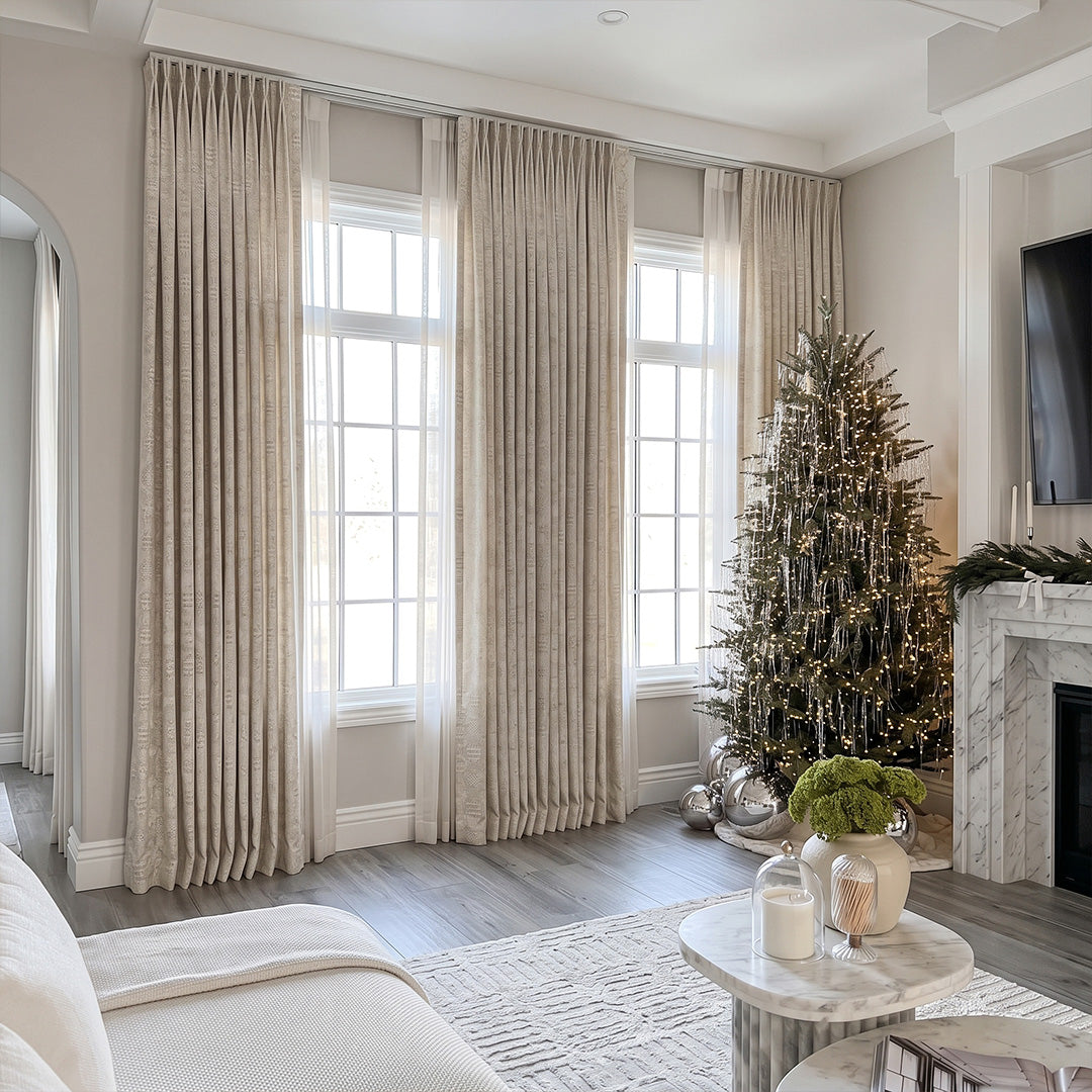 hugmoom hugmoom Custom Linen Jacquard Curtains, geometric diamond weave textured drapes in luxury modern family room