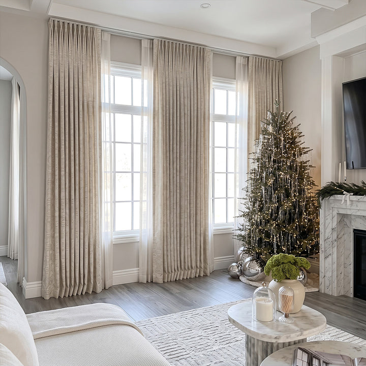 hugmoom hugmoom Custom Linen Jacquard Curtains, geometric diamond weave textured drapes in luxury modern family room