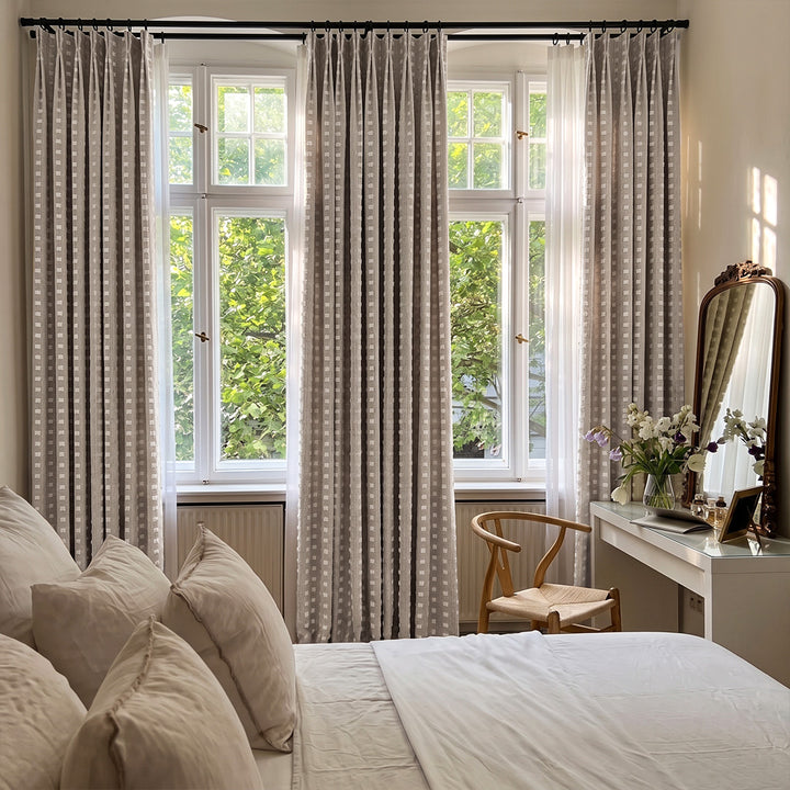 hugmoom light grey plaid raised jacquard custom curtains, noise reducing high‑end drapes for european master bedroom