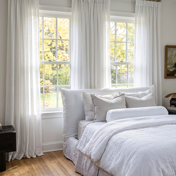 hugmoom moody textured sheer custom drapes, tone on tone light filtering curtains, luxury white bedroom window treatment