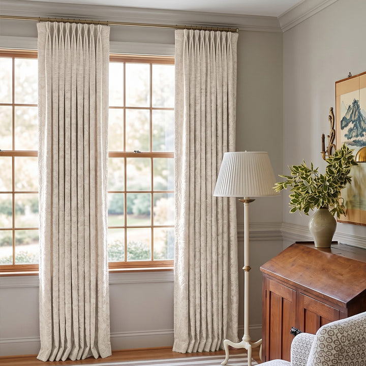 hugmoom off‑white custom jacquard curtains, french‑country tailored pleat drapes for european classic estate formal living room