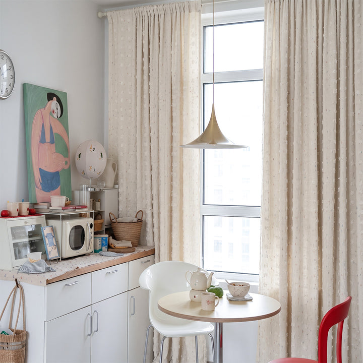 hugmoom off‑white raised jacquard plaid custom curtains, pastel noise reducing drapes for european dining room interior